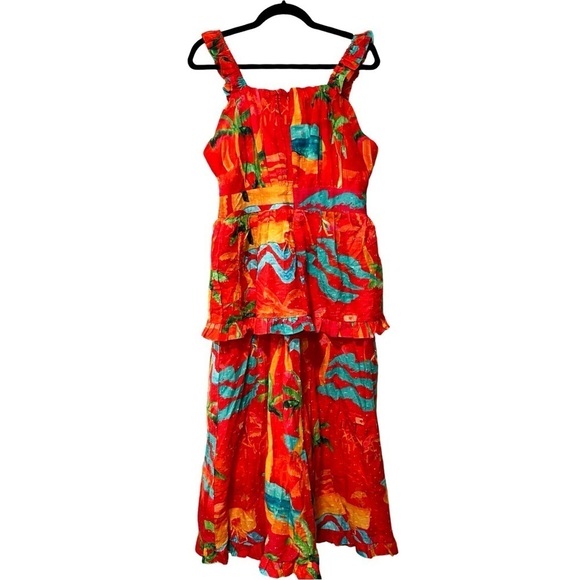 NWT FARM RIO Ipanema Ruffled Tropical Printed Midi Red Dress Sz M - Picture 4 of 6